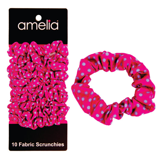 Amelia Beauty, Medium Pink with Blue Polka Dot Jersey Scrunchies, 2.5in Diameter, Gentle on Hair, Strong Hold, No Snag, No Dents or Creases. 10 Pack