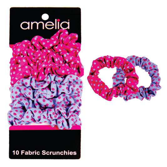 Amelia Beauty, Medium Pink Blue Dot Mix Jersey Scrunchies, 2.5in Diameter, Gentle on Hair, Strong Hold, No Snag, No Dents or Creases. 10 Pack