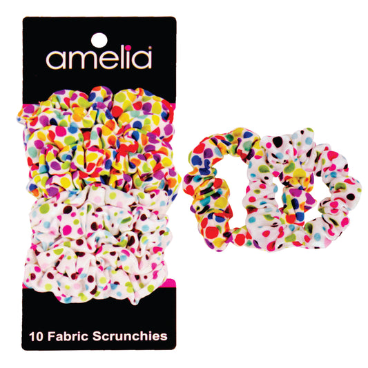 Amelia Beauty, Medium Rainbow and Pastel Dot Mix Jersey Scrunchies, 2.5in Diameter, Gentle on Hair, Strong Hold, No Snag, No Dents or Creases. 10 Pack
