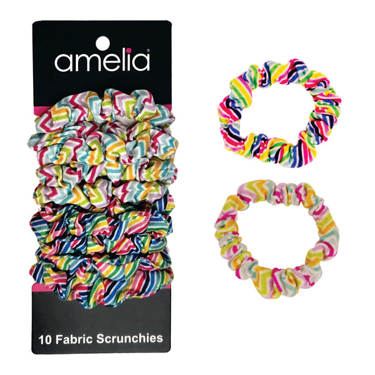 Amelia Beauty, Medium Rainbow and Pastel Stripe Mix Jersey Scrunchies, 2.5in Diameter, Gentle on Hair, Strong Hold, No Snag, No Dents or Creases. 10 Pack