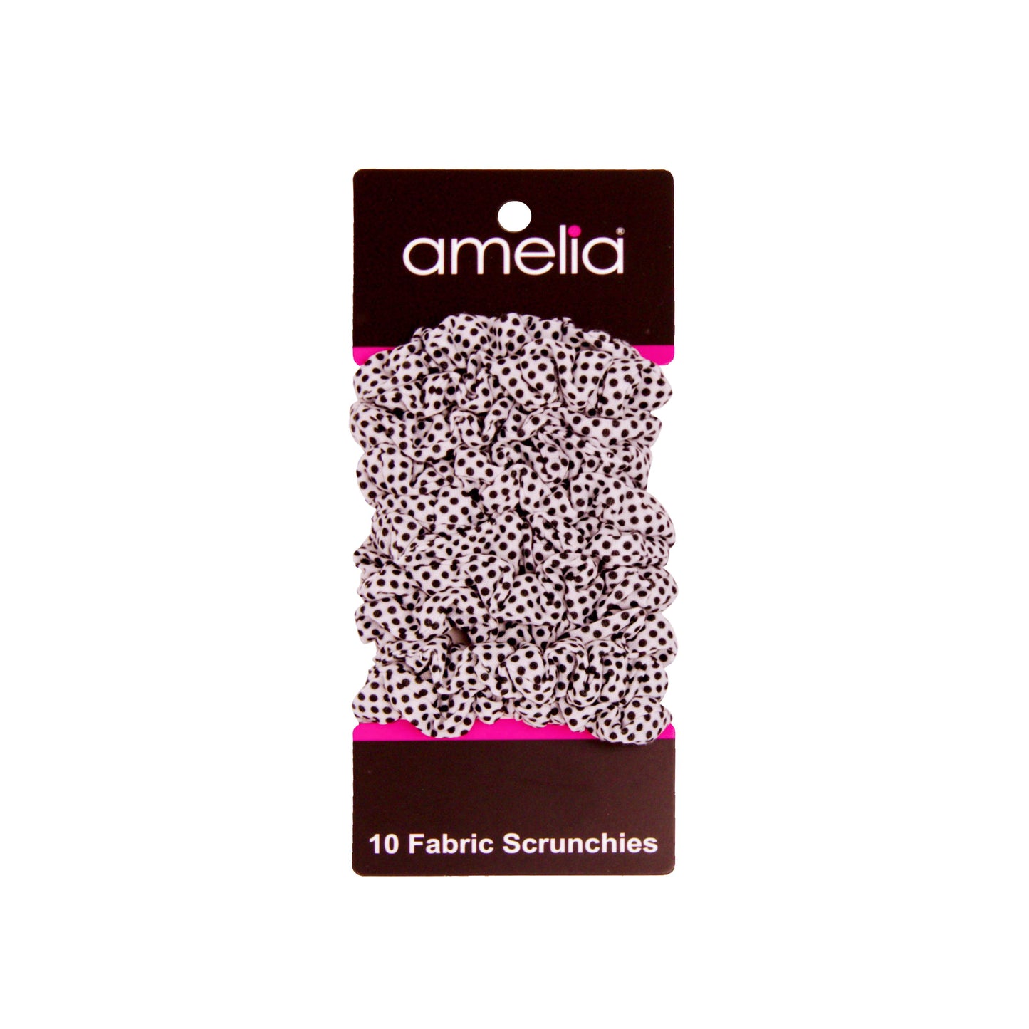 Amelia Beauty, Medium White with Black Polka Dot Jersey Scrunchies, 2.5in Diameter, Gentle on Hair, Strong Hold, No Snag, No Dents or Creases. 10 Pack