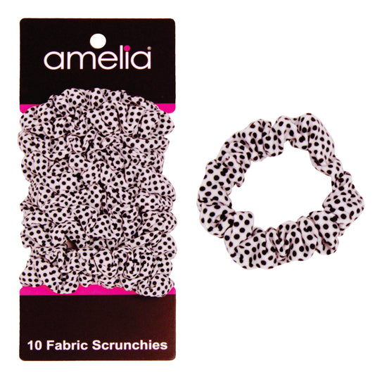Amelia Beauty, Medium White with Black Polka Dot Jersey Scrunchies, 2.5in Diameter, Gentle on Hair, Strong Hold, No Snag, No Dents or Creases. 10 Pack