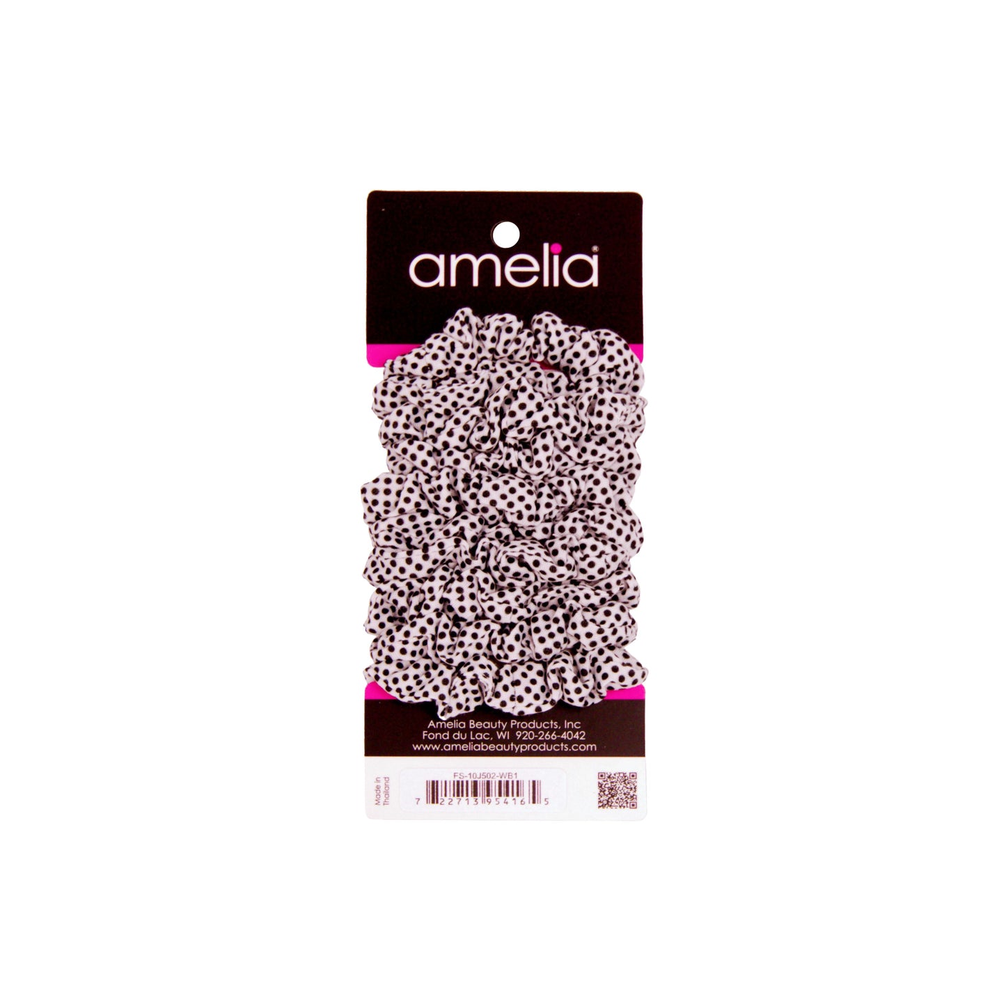 Amelia Beauty, Medium White with Black Polka Dot Jersey Scrunchies, 2.5in Diameter, Gentle on Hair, Strong Hold, No Snag, No Dents or Creases. 10 Pack