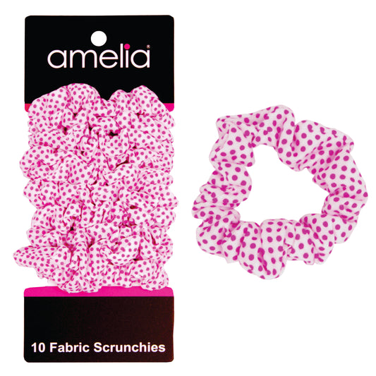 Amelia Beauty, Medium White with Pink Polka Dot Jersey Scrunchies, 2.5in Diameter, Gentle on Hair, Strong Hold, No Snag, No Dents or Creases. 10 Pack