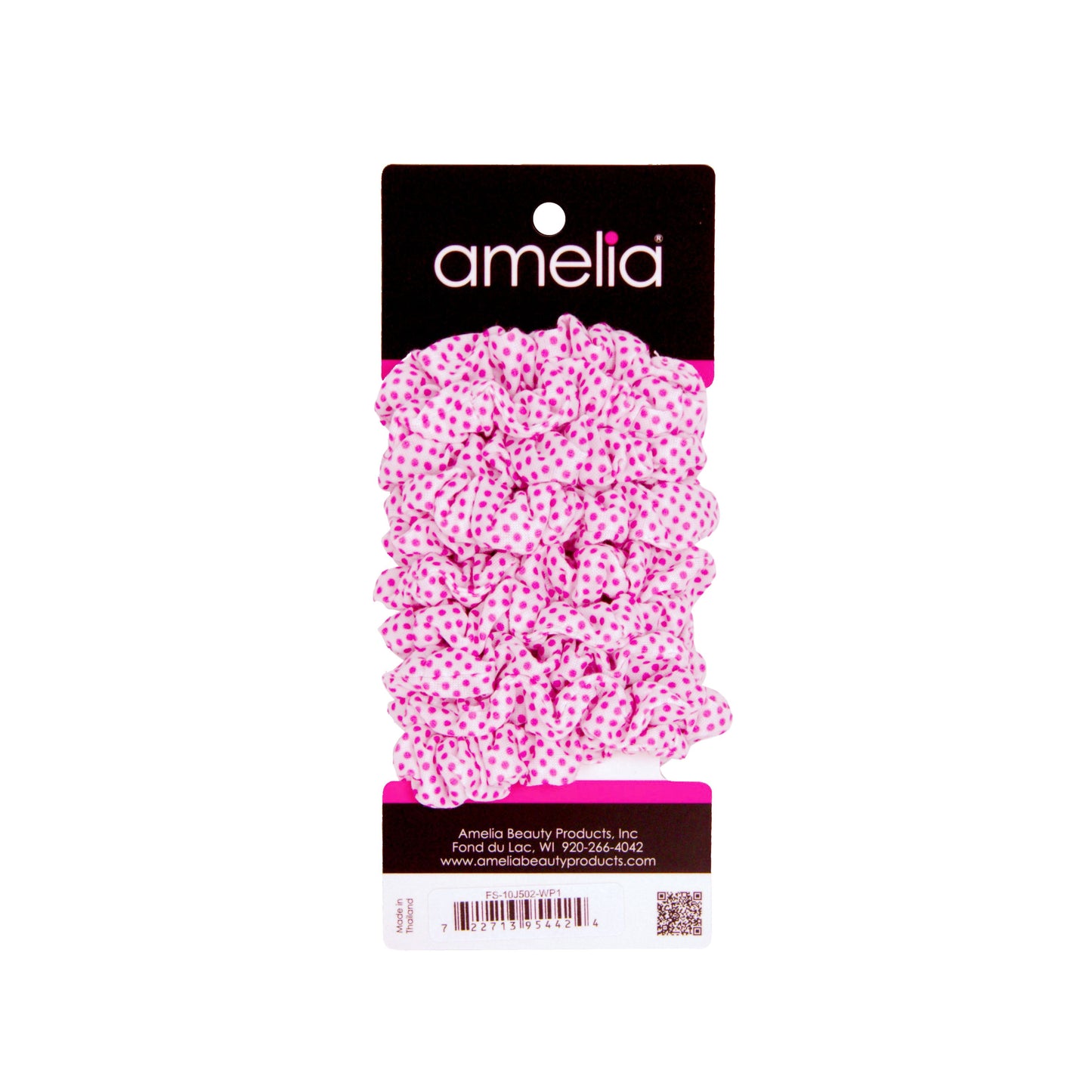 Amelia Beauty, Medium White with Pink Polka Dot Jersey Scrunchies, 2.5in Diameter, Gentle on Hair, Strong Hold, No Snag, No Dents or Creases. 10 Pack