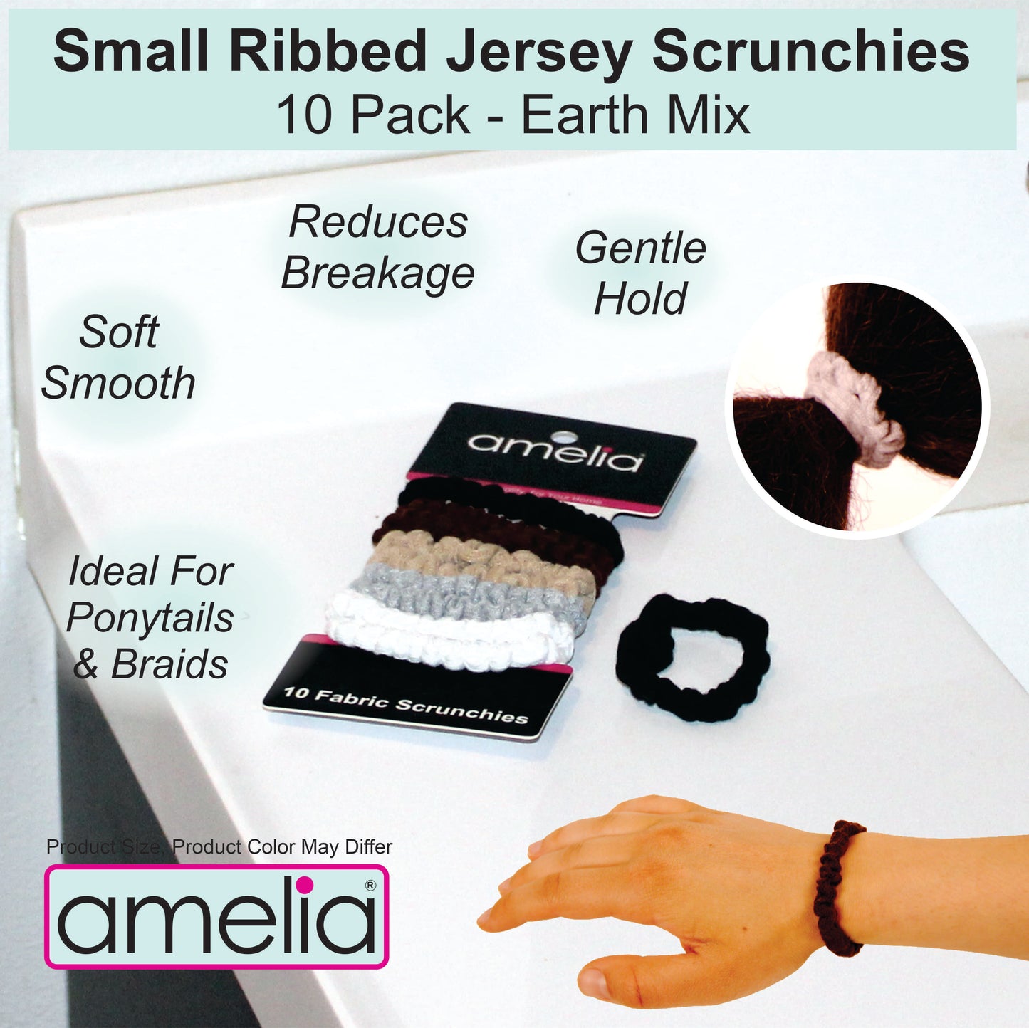 Amelia Beauty, Earth Tone Mix Ribbed Scrunchies, 2.25in Diameter, Gentle on Hair, Strong Hold, No Snag, No Dents or Creases. 10 Pack