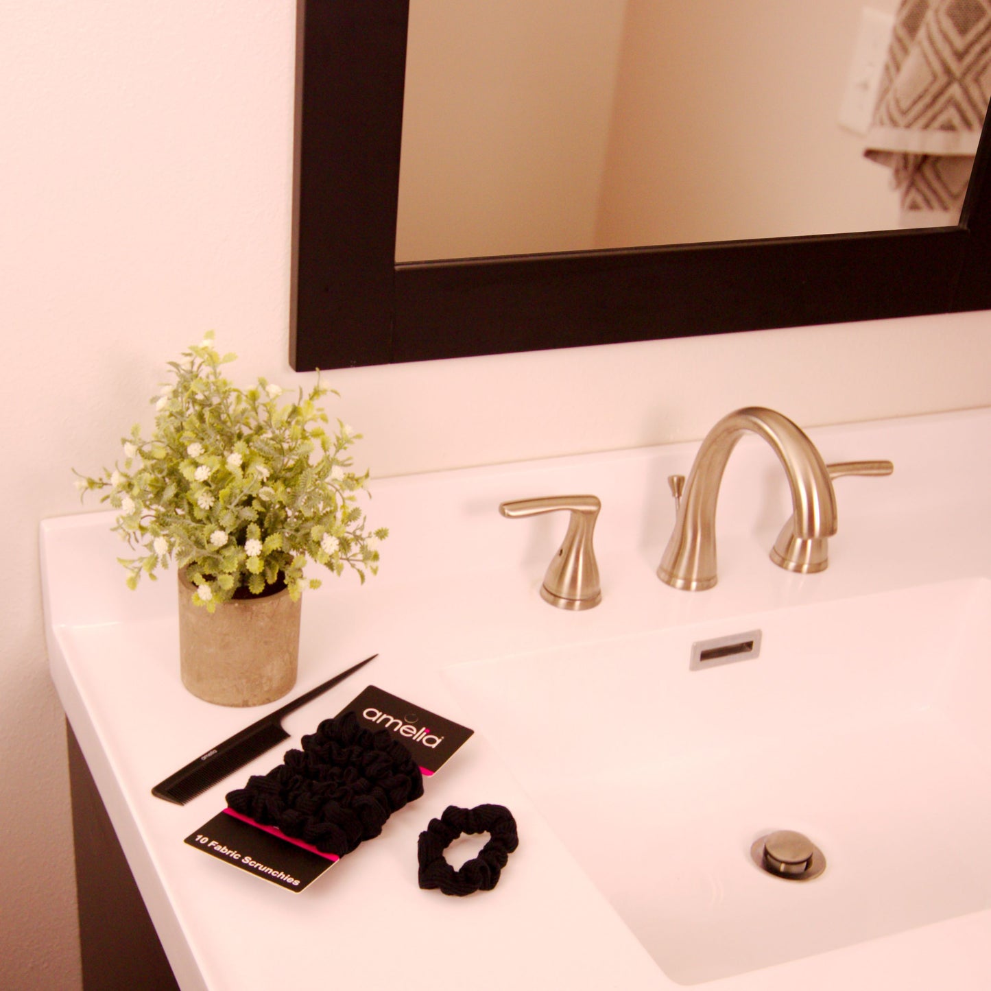 Amelia Beauty, Medium Black Ribbed Scrunchies, 2.5in Diameter, Gentle on Hair, Strong Hold, No Snag, No Dents or Creases. 10 Pack