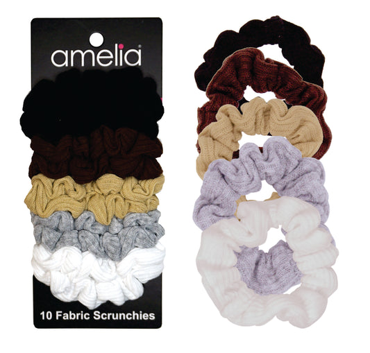Amelia Beauty, Medium Earth Tones Ribbed Scrunchies, 2.5in Diameter, Gentle on Hair, Strong Hold, No Snag, No Dents or Creases. 10 Pack