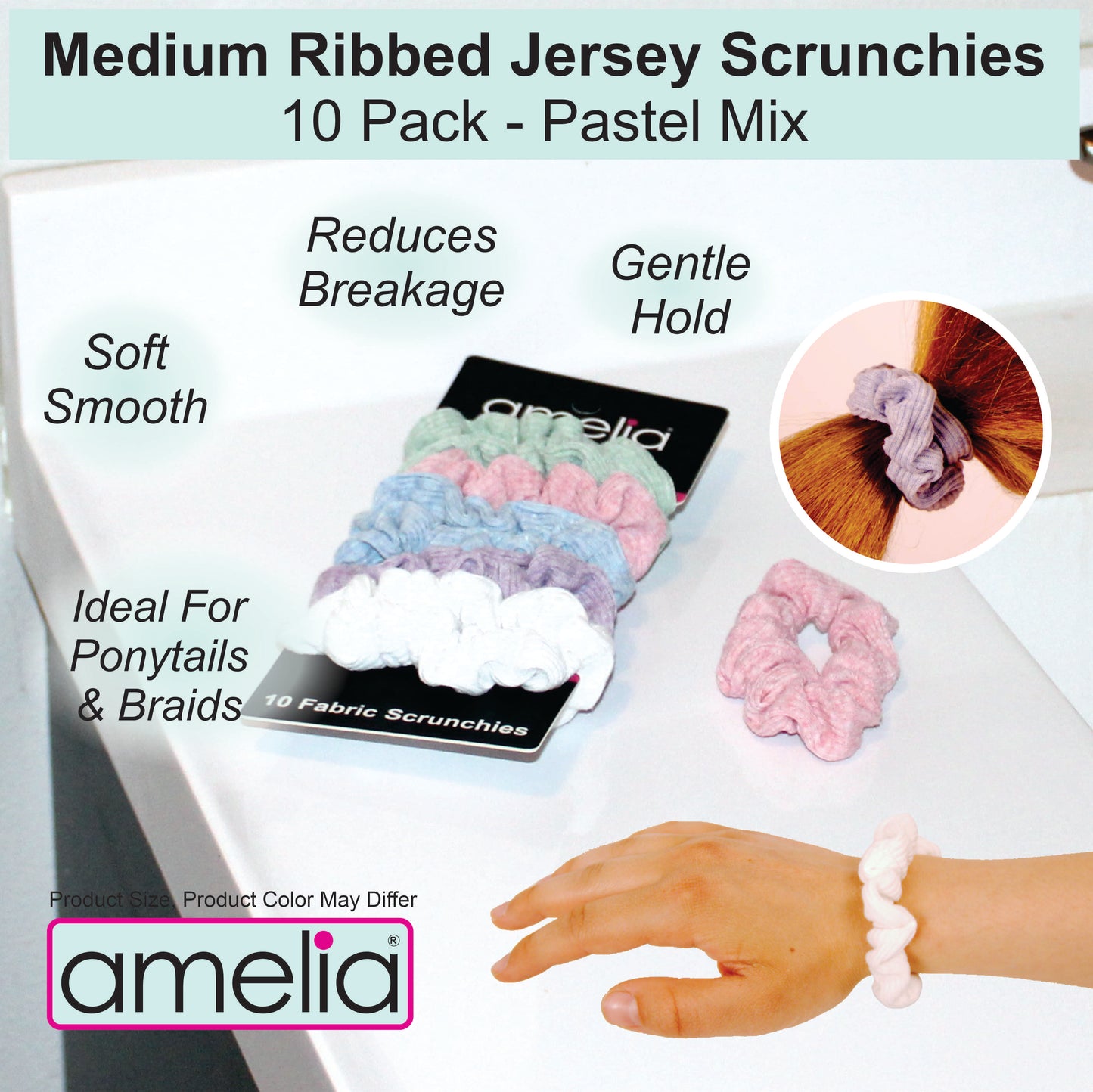 Amelia Beauty, Medium Pastel Mix Ribbed Scrunchies, 2.5in Diameter, Gentle on Hair, Strong Hold, No Snag, No Dents or Creases. 10 Pack