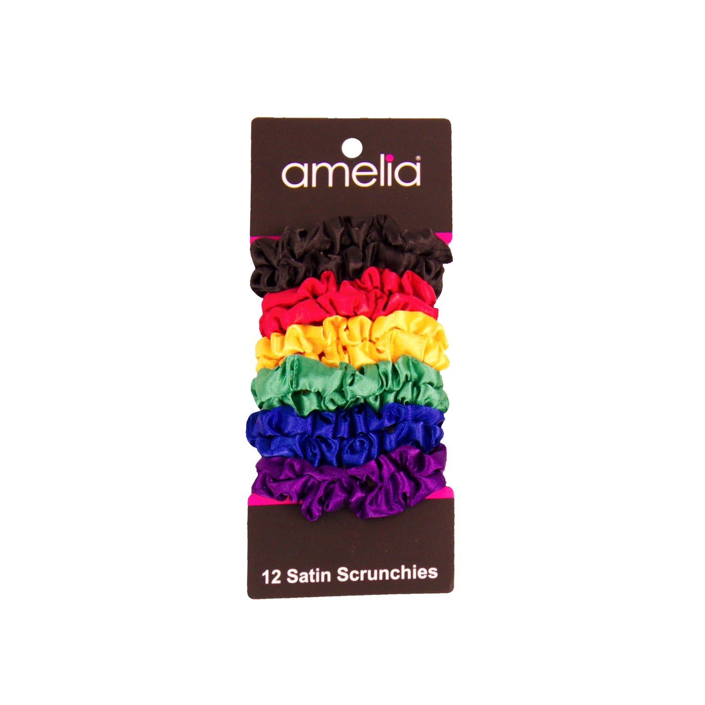 Amelia Beauty, Rainbow Colors Satin Scrunchies, 2.25in Diameter, Gentle on Hair, Strong Hold, No Snag, No Dents or Creases. 12 Pack