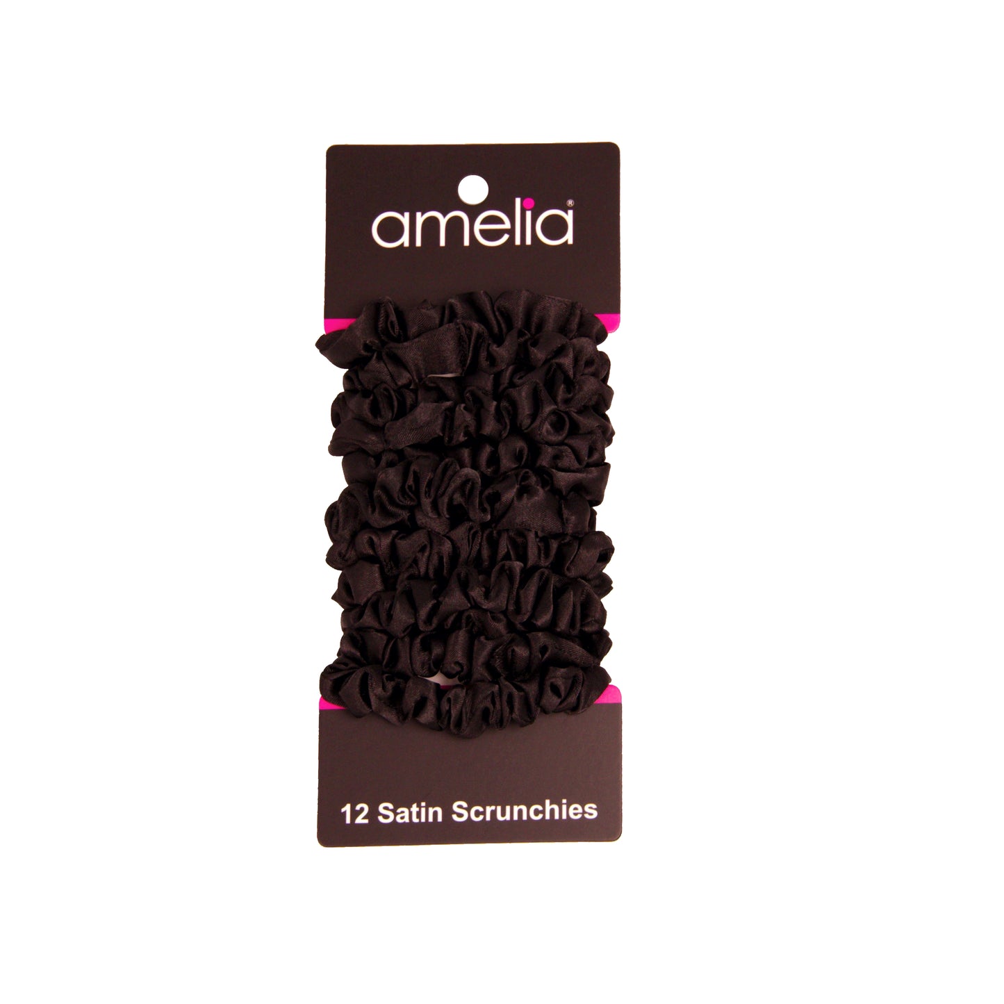 Amelia Beauty, Black Satin Scrunchies, 2.25in Diameter, Gentle on Hair, Strong Hold, No Snag, No Dents or Creases. 12 Pack