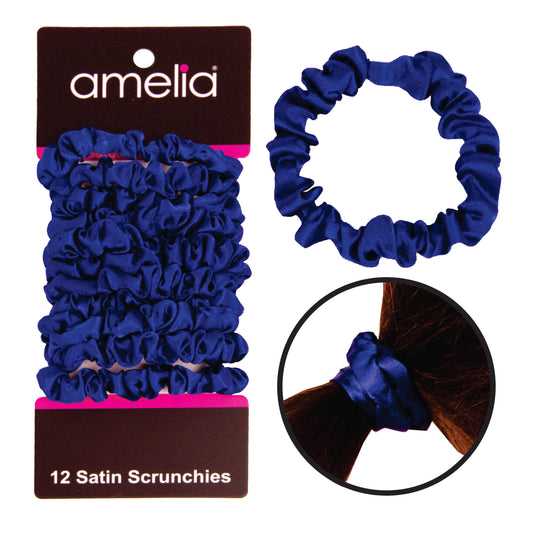 Amelia Beauty, Blue Satin Scrunchies, 2.25in Diameter, Gentle on Hair, Strong Hold, No Snag, No Dents or Creases. 12 Pack
