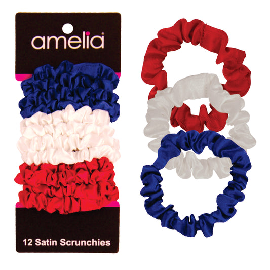 Amelia Beauty, Red, White and Blue Satin Scrunchies, 2.25in Diameter, Gentle on Hair, Strong Hold, No Snag, No Dents or Creases. 12 Pack