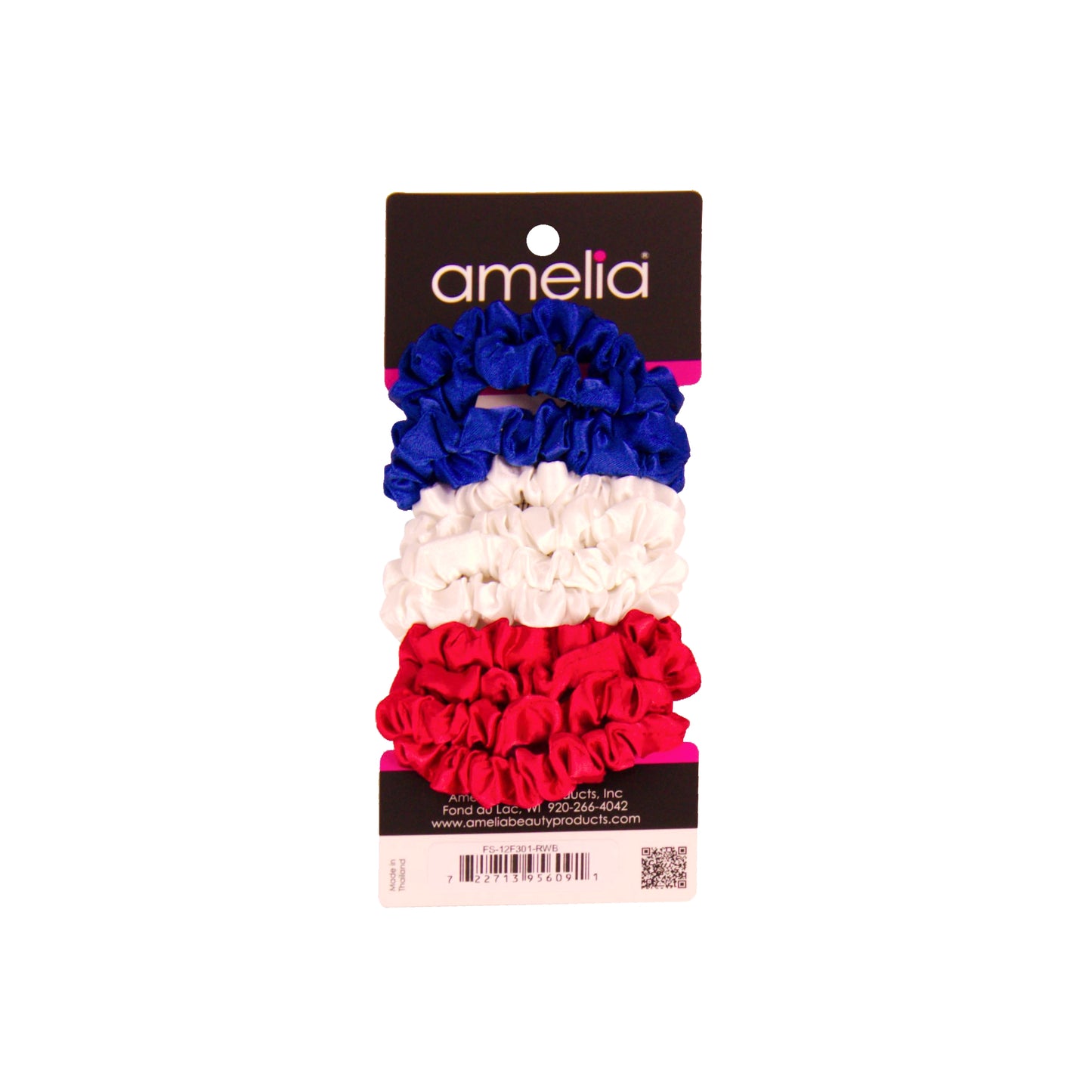 Amelia Beauty, Red, White and Blue Satin Scrunchies, 2.25in Diameter, Gentle on Hair, Strong Hold, No Snag, No Dents or Creases. 12 Pack