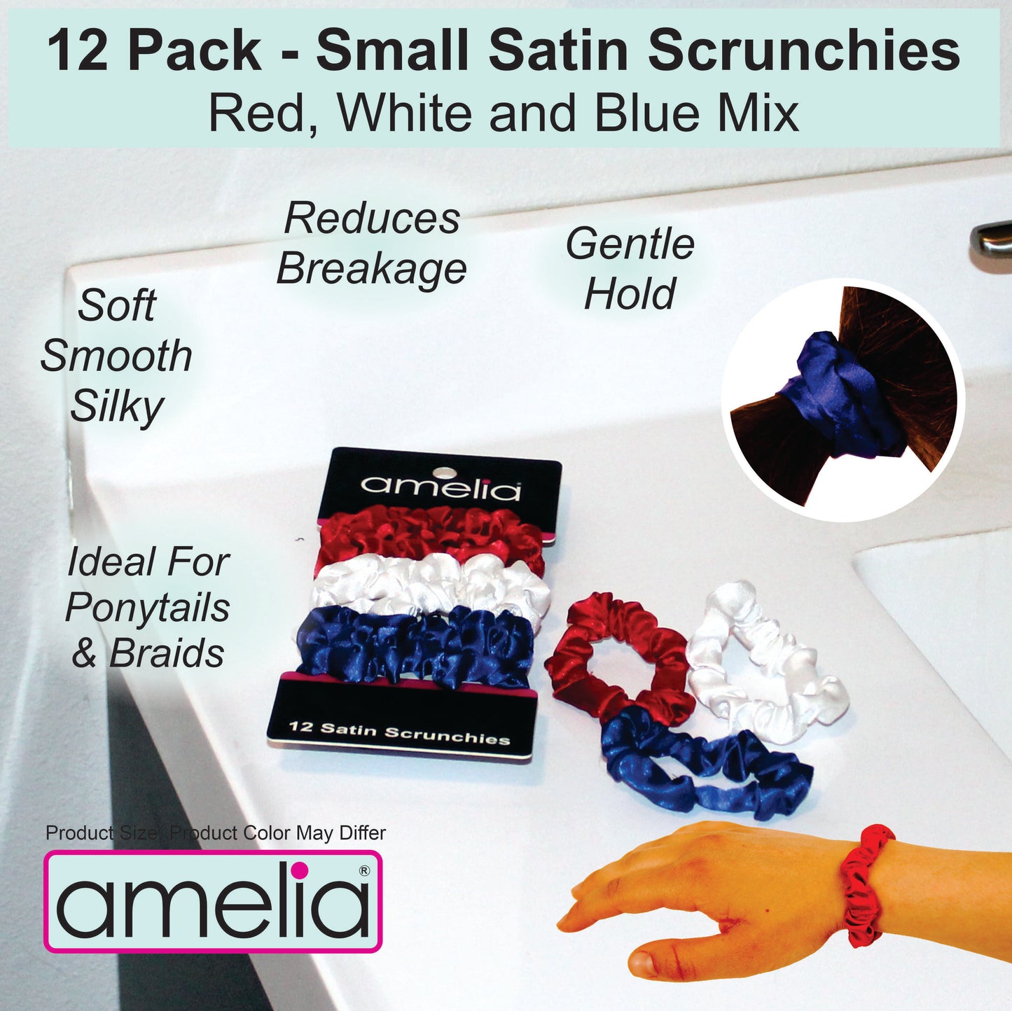 Amelia Beauty, Red, White and Blue Satin Scrunchies, 2.25in Diameter, Gentle on Hair, Strong Hold, No Snag, No Dents or Creases. 12 Pack