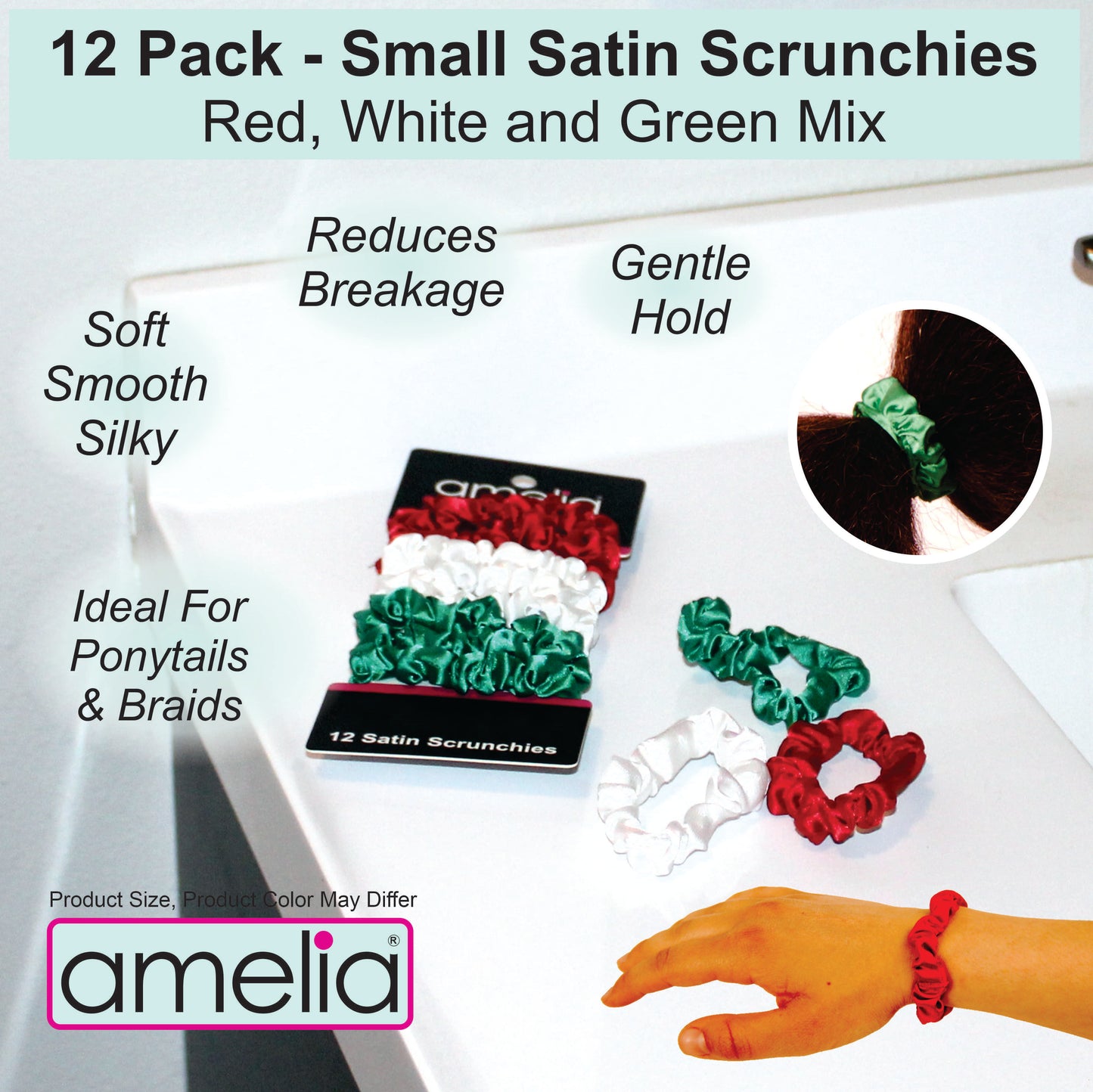 Amelia Beauty, Red, White and Green Satin Scrunchies, 2.25in Diameter, Gentle on Hair, Strong Hold, No Snag, No Dents or Creases. 12 Pack