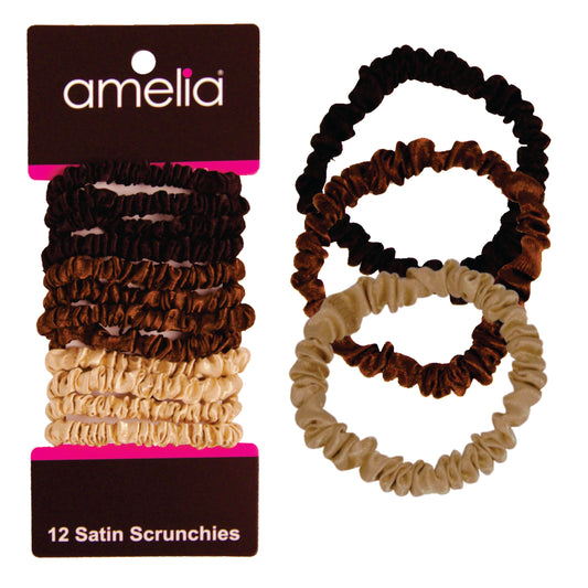 Amelia Beauty, Earth Tones Skinny Satin Scrunchies, 2in Diameter, Gentle and Strong Hold, No Snag, No Dents or Creases. 12 Pack