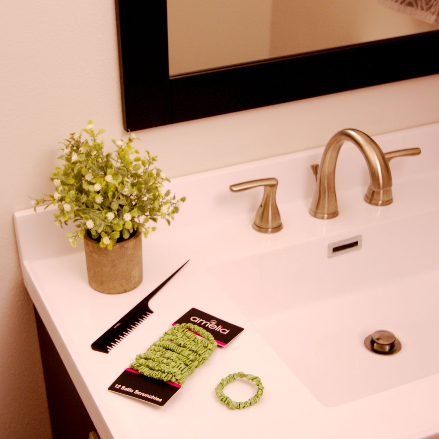 Amelia Beauty, Lime Skinny Satin Scrunchies, 2in Diameter, Gentle and Strong Hold, No Snag, No Dents or Creases. 12 Pack