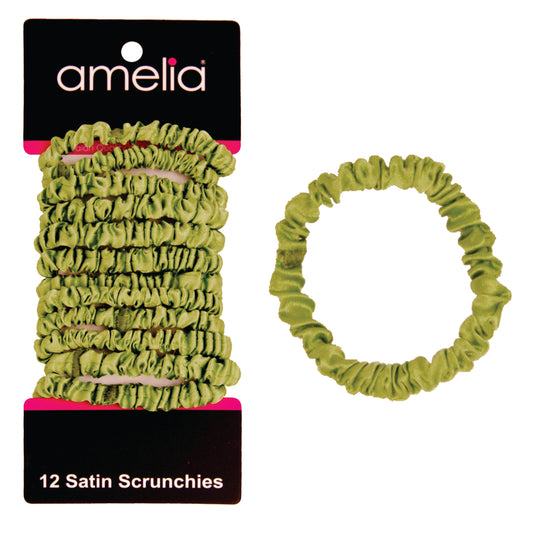 Amelia Beauty, Lime Skinny Satin Scrunchies, 2in Diameter, Gentle and Strong Hold, No Snag, No Dents or Creases. 12 Pack