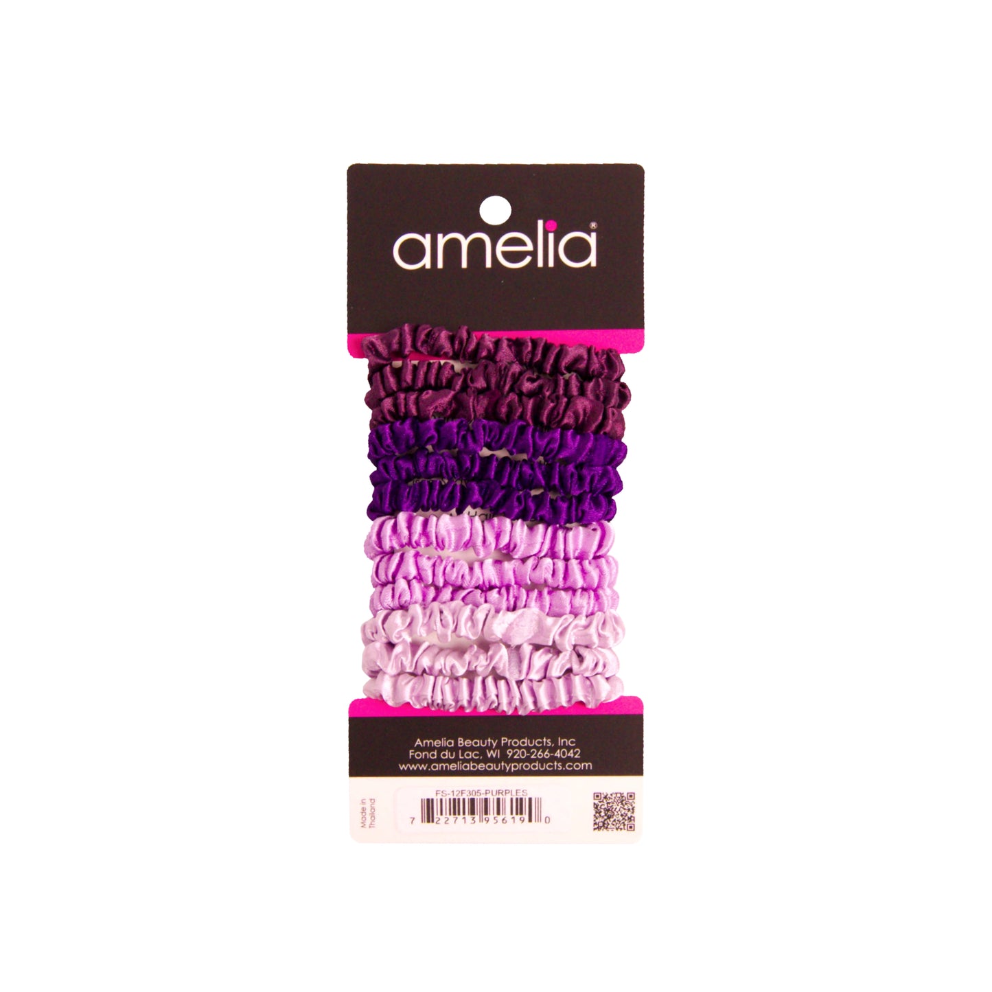 Amelia Beauty, Purple Blend Skinny Satin Scrunchies, 2in Diameter, Gentle and Strong Hold, No Snag, No Dents or Creases. 12 Pack