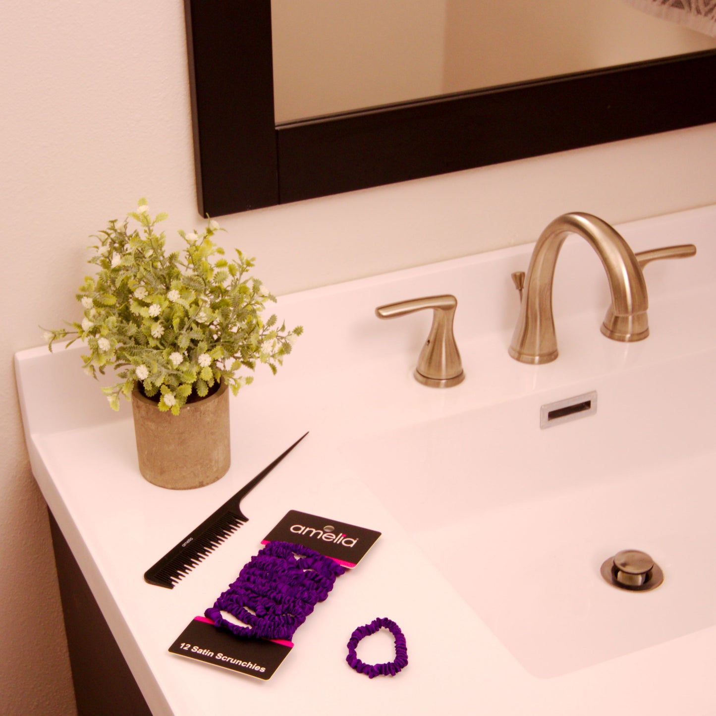 Amelia Beauty, Purple Skinny Satin Scrunchies, 2in Diameter, Gentle and Strong Hold, No Snag, No Dents or Creases. 12 Pack