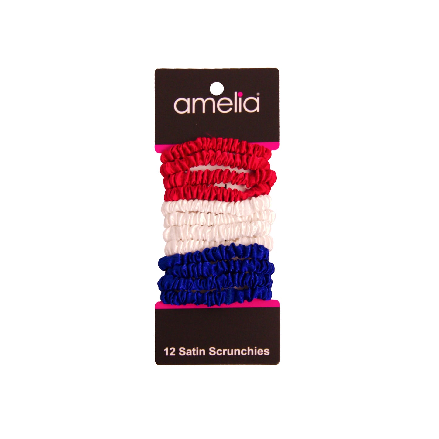 Amelia Beauty, Red, White and Blue Mix Skinny Satin Scrunchies, 2in Diameter, Gentle and Strong Hold, No Snag, No Dents or Creases. 12 Pack