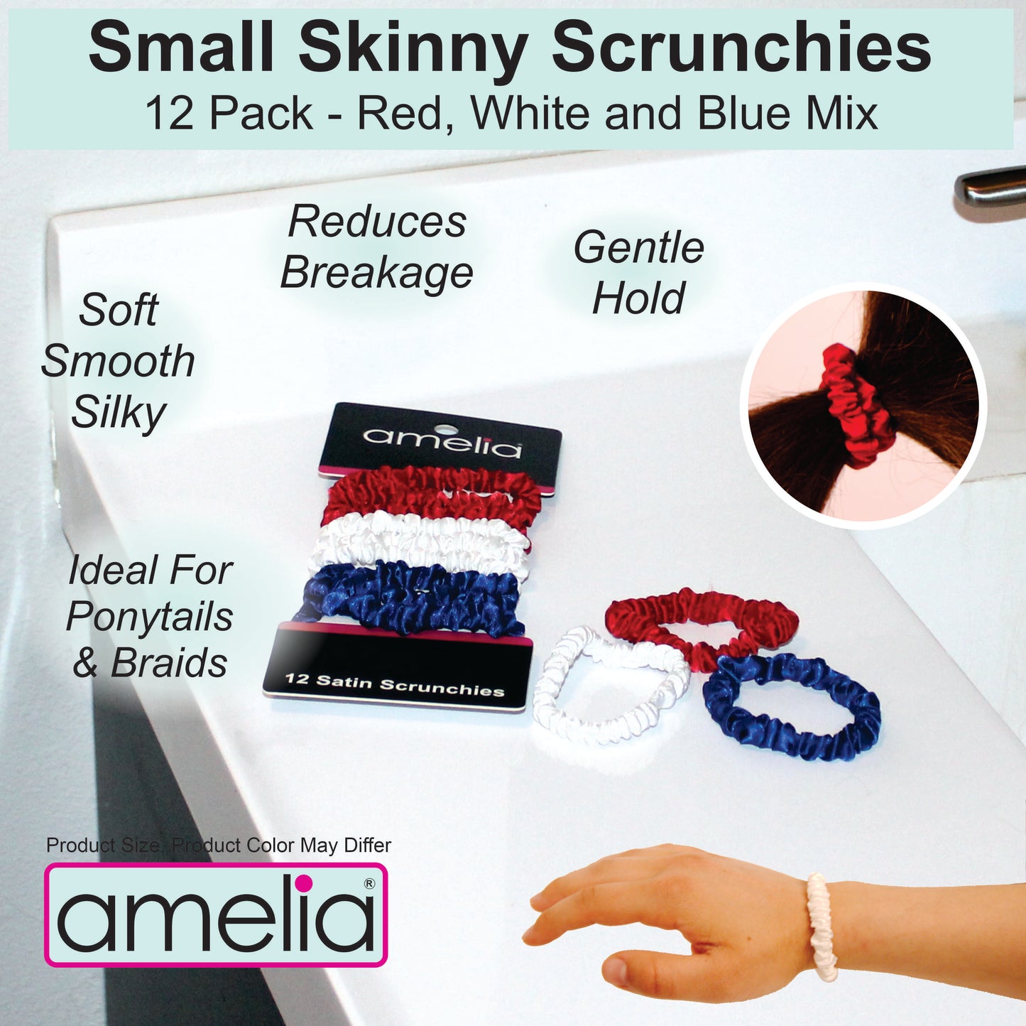 Amelia Beauty, Red, White and Blue Mix Skinny Satin Scrunchies, 2in Diameter, Gentle and Strong Hold, No Snag, No Dents or Creases. 12 Pack