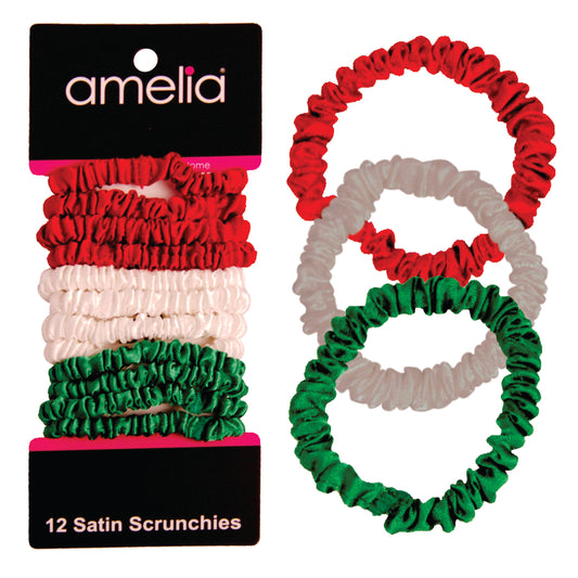 Amelia Beauty, Red, White and Green Mix Skinny Satin Scrunchies, 2in Diameter, Gentle and Strong Hold, No Snag, No Dents or Creases. 12 Pack
