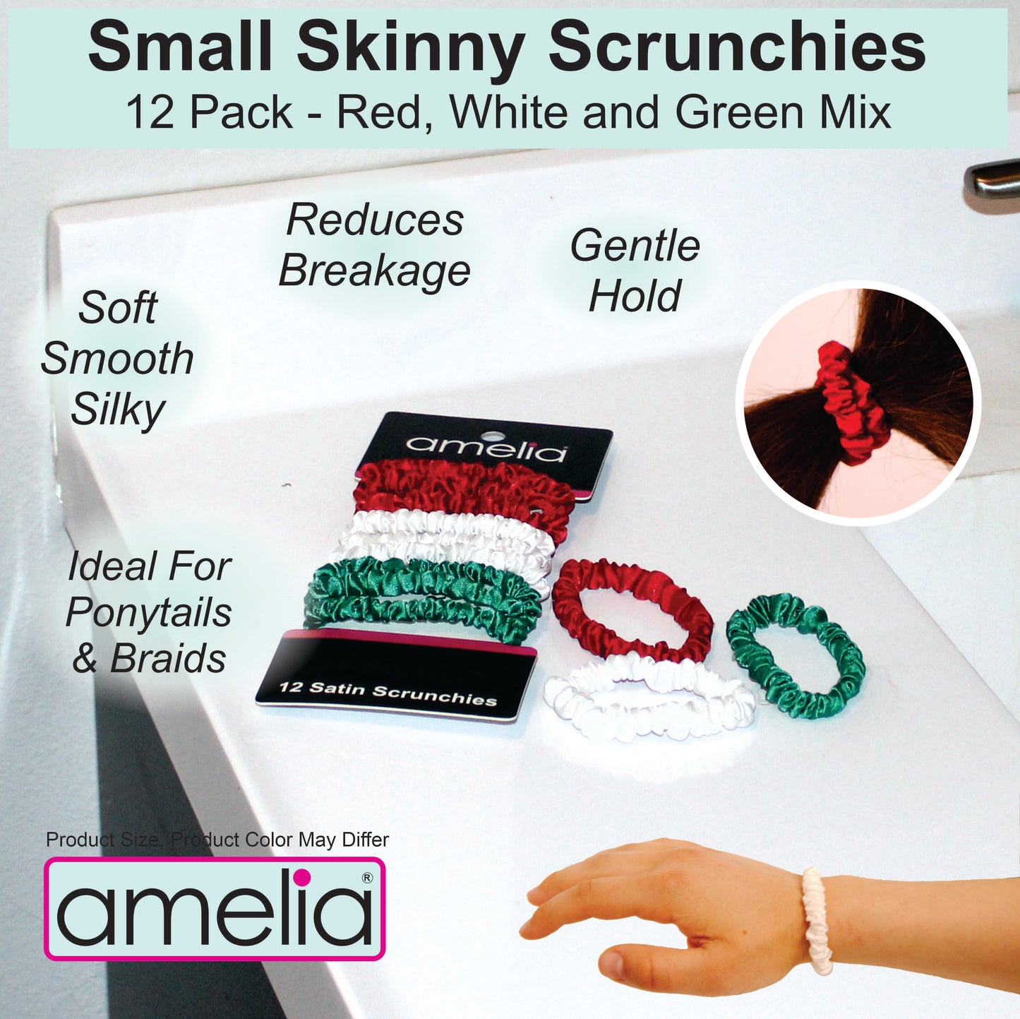 Amelia Beauty, Red, White and Green Mix Skinny Satin Scrunchies, 2in Diameter, Gentle and Strong Hold, No Snag, No Dents or Creases. 12 Pack
