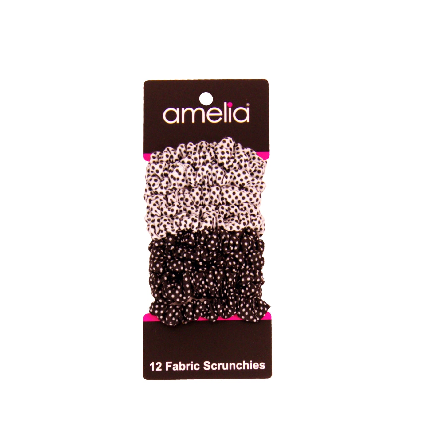 Amelia Beauty, Black and White Polka Dot Mix Jersey Scrunchies, 2.25in Diameter, Gentle on Hair, Strong Hold, No Snag, No Dents or Creases. 12 Pack