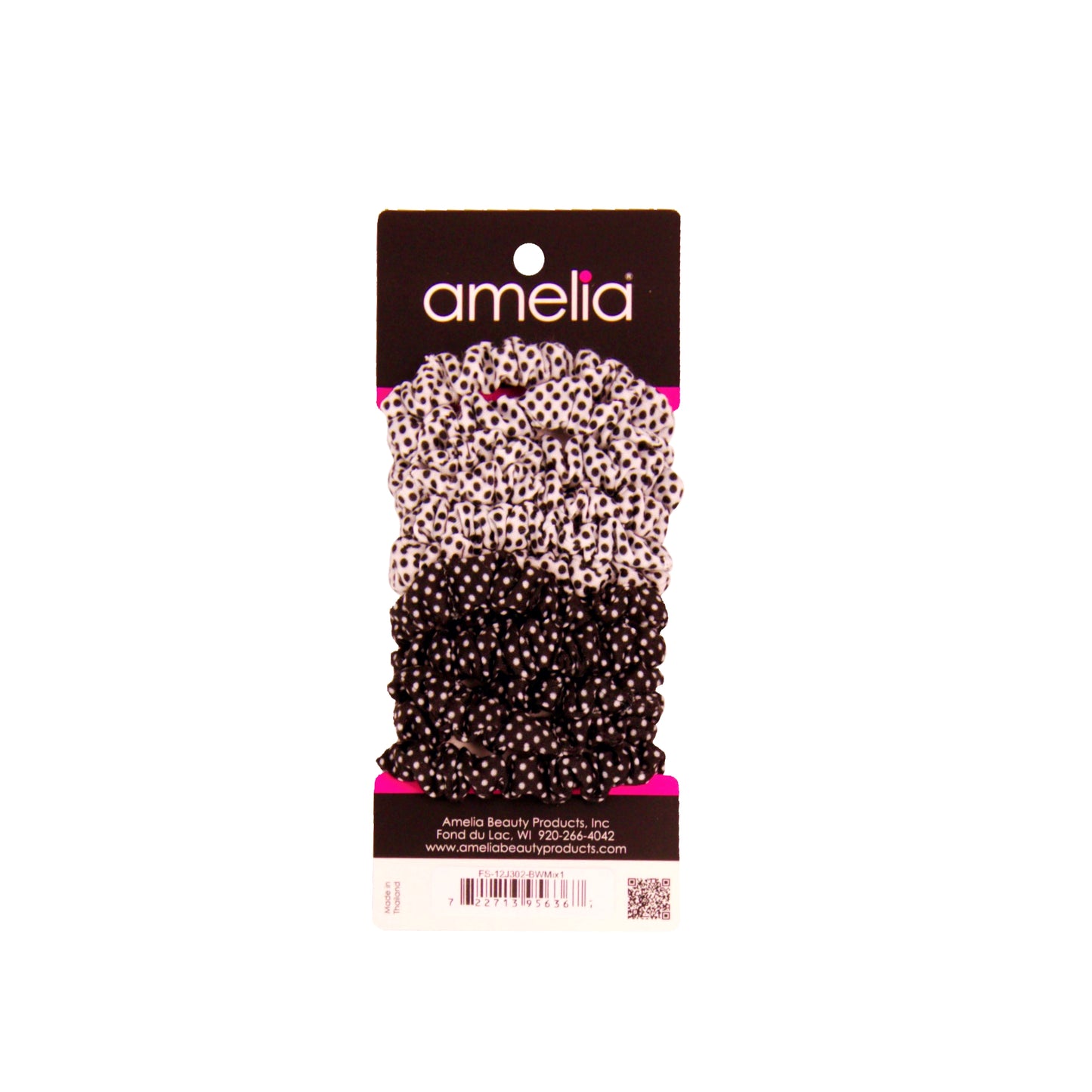Amelia Beauty, Black and White Polka Dot Mix Jersey Scrunchies, 2.25in Diameter, Gentle on Hair, Strong Hold, No Snag, No Dents or Creases. 12 Pack