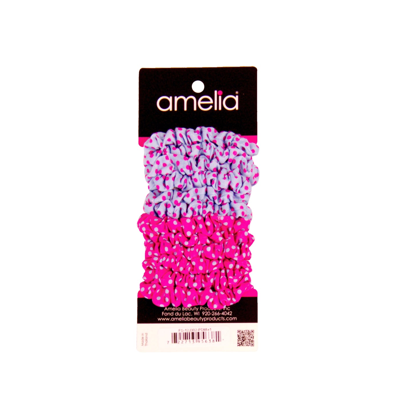 Amelia Beauty, Pink and Blue Polka Dot Mix Jersey Scrunchies, 2.25in Diameter, Gentle on Hair, Strong Hold, No Snag, No Dents or Creases. 12 Pack