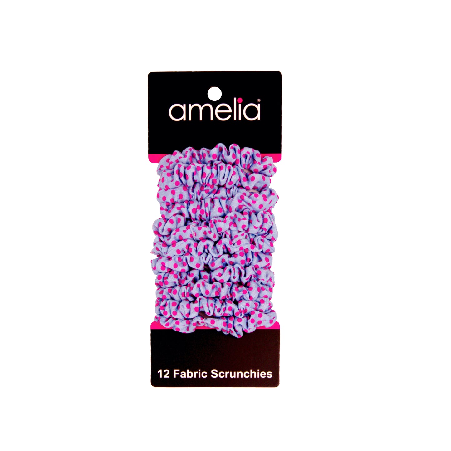 Amelia Beauty, Blue/Pink Dot Jersey Scrunchies, 2.25in Diameter, Gentle on Hair, Strong Hold, No Snag, No Dents or Creases. 12 Pack