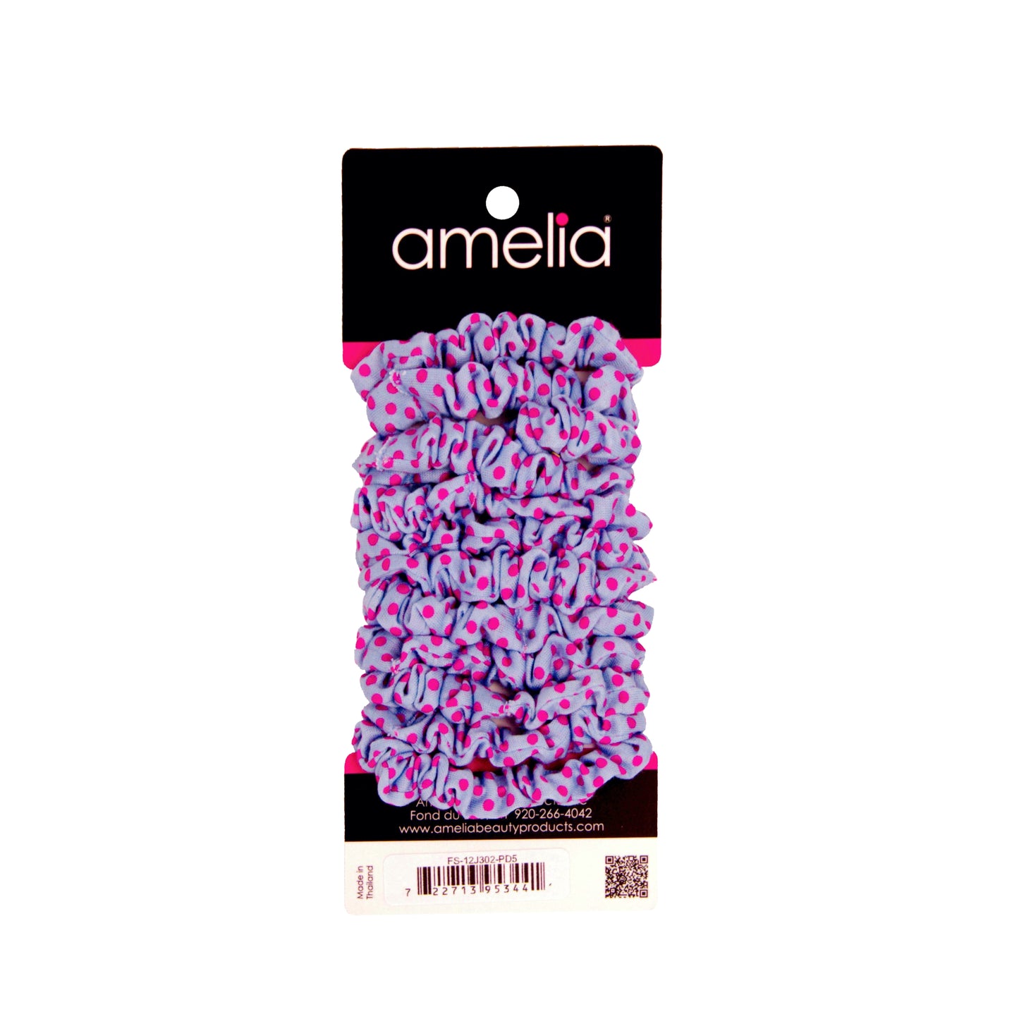 Amelia Beauty, Blue/Pink Dot Jersey Scrunchies, 2.25in Diameter, Gentle on Hair, Strong Hold, No Snag, No Dents or Creases. 12 Pack