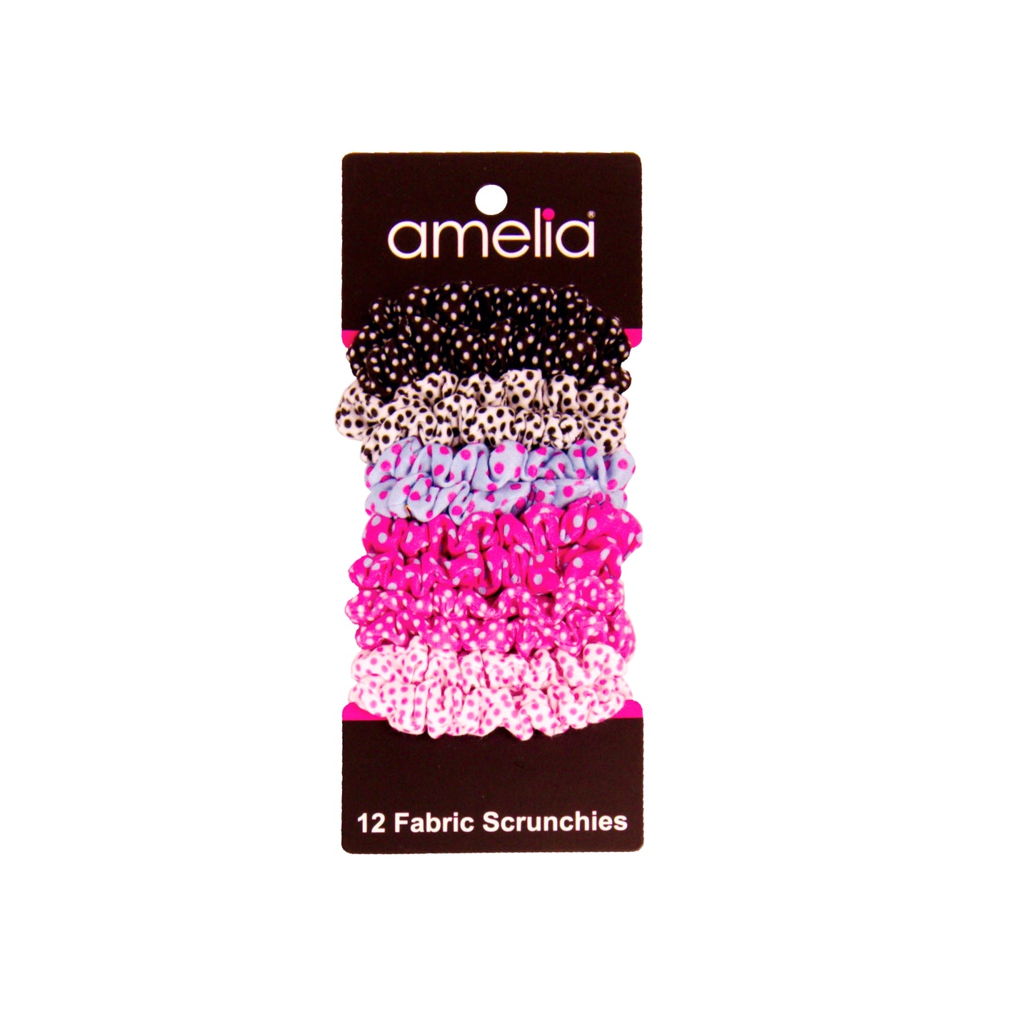 Amelia Beauty, Polka Dot Mix Jersey Scrunchies, 2.25in Diameter, Gentle on Hair, Strong Hold, No Snag, No Dents or Creases. 12 Pack