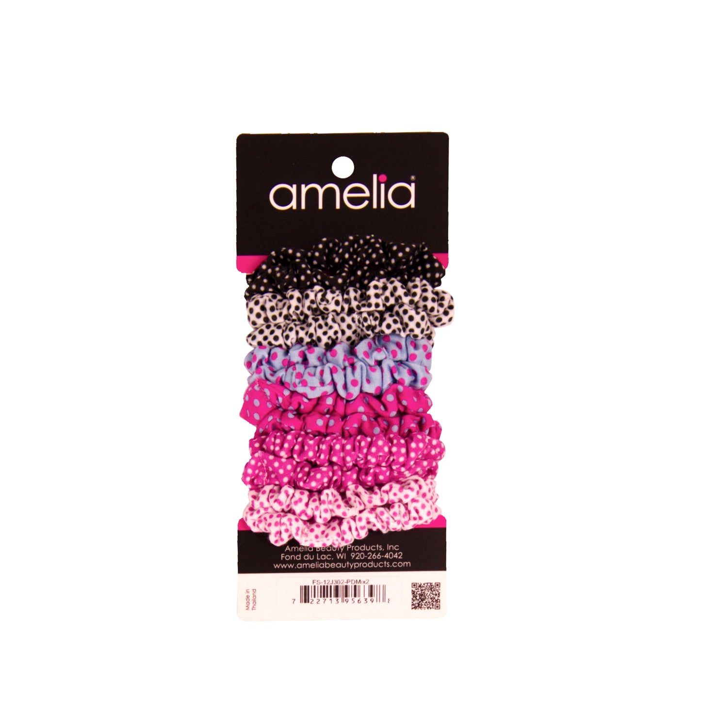 Amelia Beauty, Polka Dot Mix Jersey Scrunchies, 2.25in Diameter, Gentle on Hair, Strong Hold, No Snag, No Dents or Creases. 12 Pack