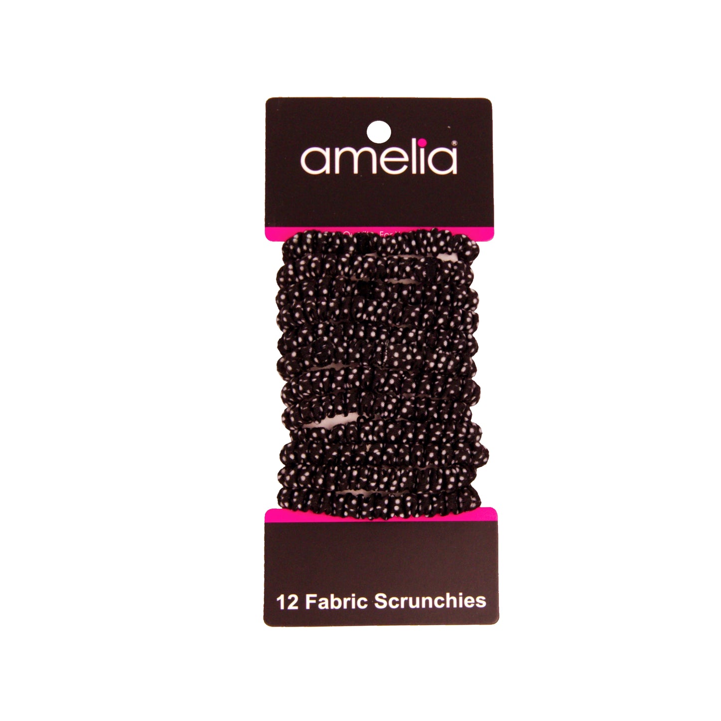 Amelia Beauty, Black with White Dots Skinny Jersey Scrunchies, 2.125in Diameter, Gentle on Hair, Strong Hold, No Snag, No Dents or Creases. 12 Pack