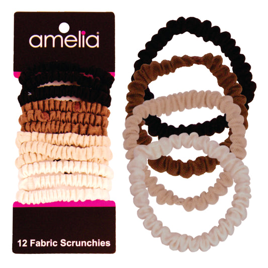 Amelia Beauty, Earth Tones Skinny Jersey Scrunchies, 2.125in Diameter, Gentle on Hair, Strong Hold, No Snag, No Dents or Creases. 12 Pack