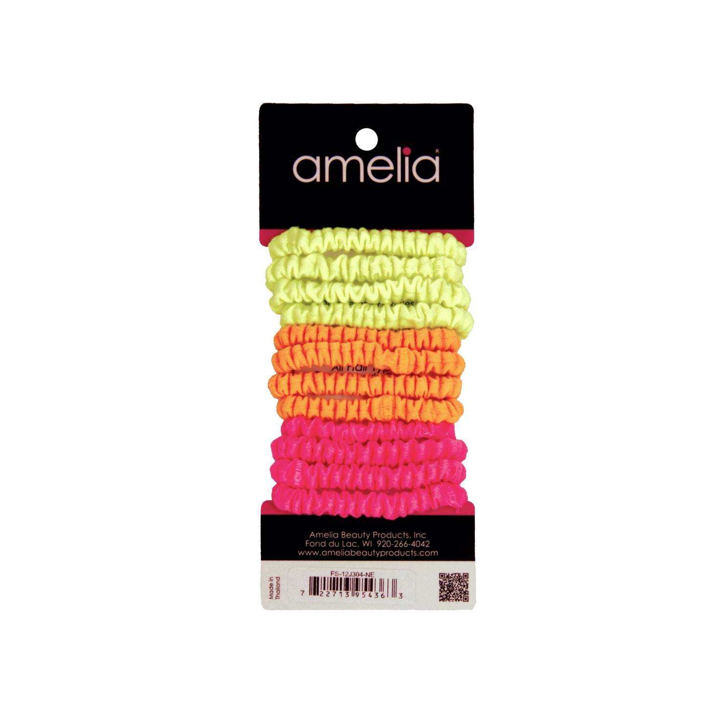 Amelia Beauty, Neon Mix Skinny Jersey Scrunchies, 2.125in Diameter, Gentle on Hair, Strong Hold, No Snag, No Dents or Creases. 12 Pack