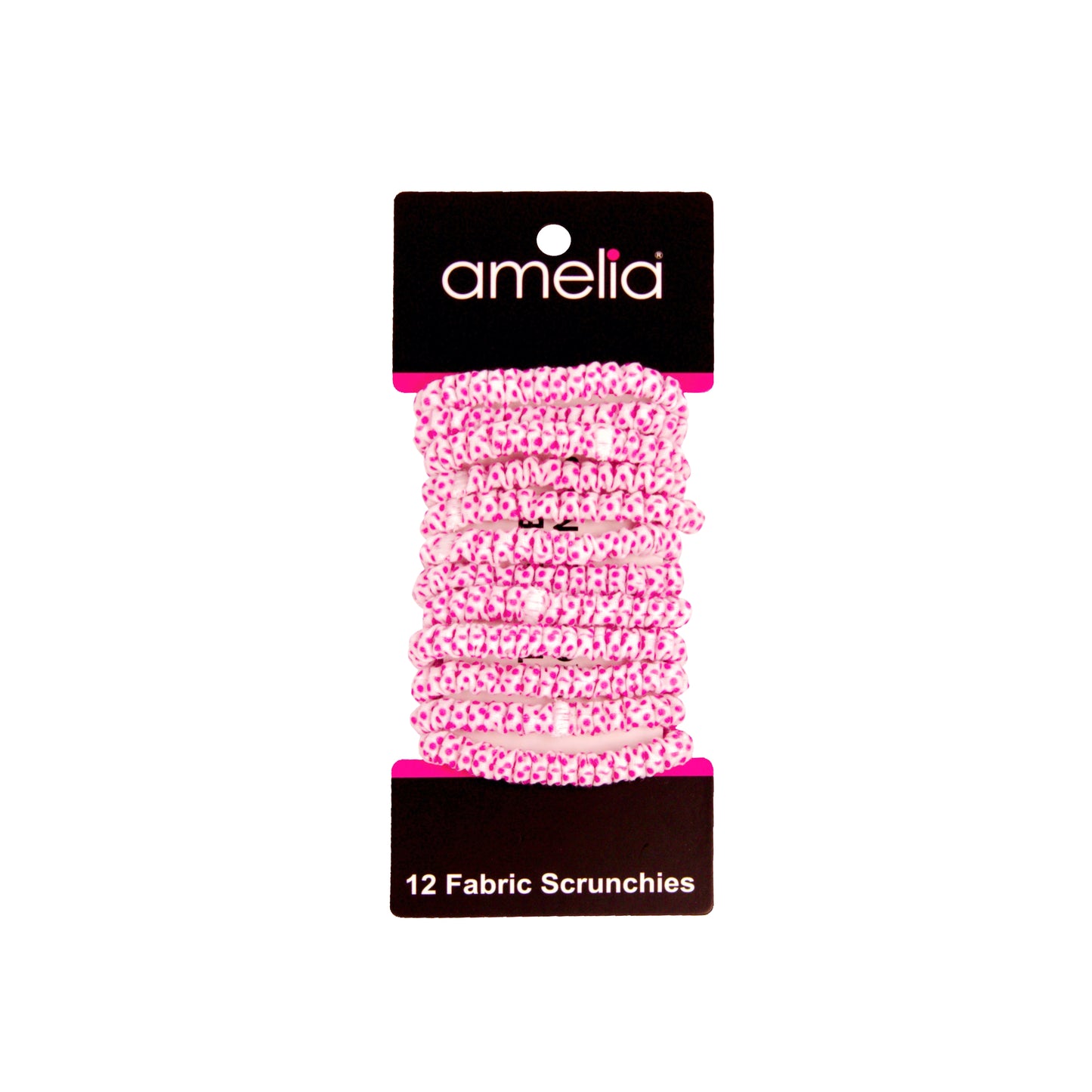 Amelia Beauty, White with Pink Dots Skinny Jersey Scrunchies, 2.125in Diameter, Gentle on Hair, Strong Hold, No Snag, No Dents or Creases. 12 Pack