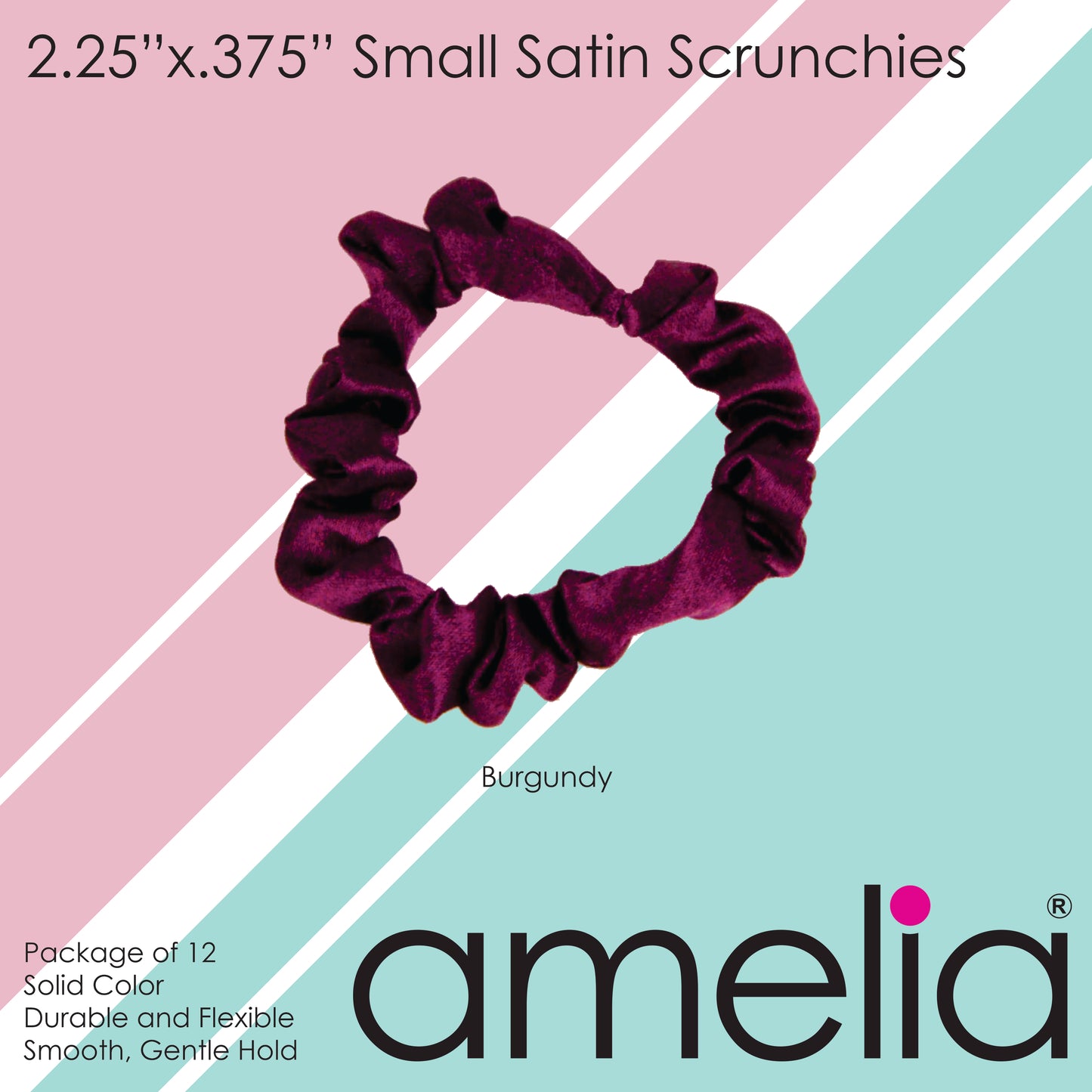 Amelia Beauty, Burgundy Satin Scrunchies, 2.25in Diameter, Gentle on Hair, Strong Hold, No Snag, No Dents or Creases. 12 Pack