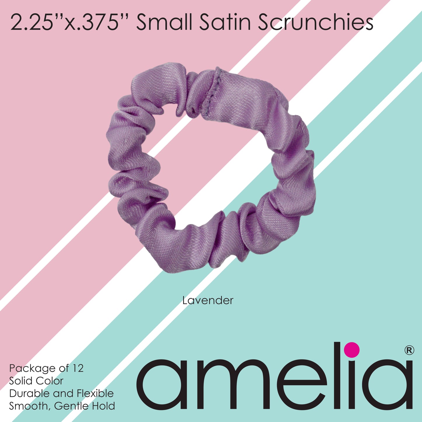 Amelia Beauty, Lavender Satin Scrunchies, 2.25in Diameter, Gentle on Hair, Strong Hold, No Snag, No Dents or Creases. 12 Pack