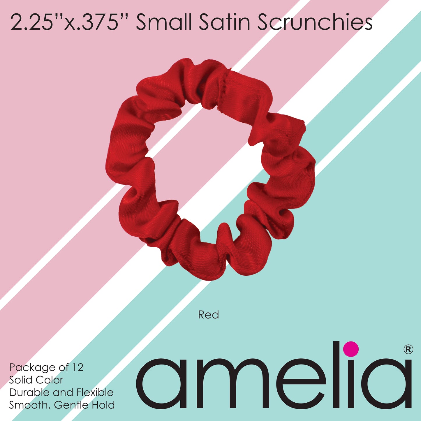 Amelia Beauty, Red Satin Scrunchies, 2.25in Diameter, Gentle on Hair, Strong Hold, No Snag, No Dents or Creases. 12 Pack