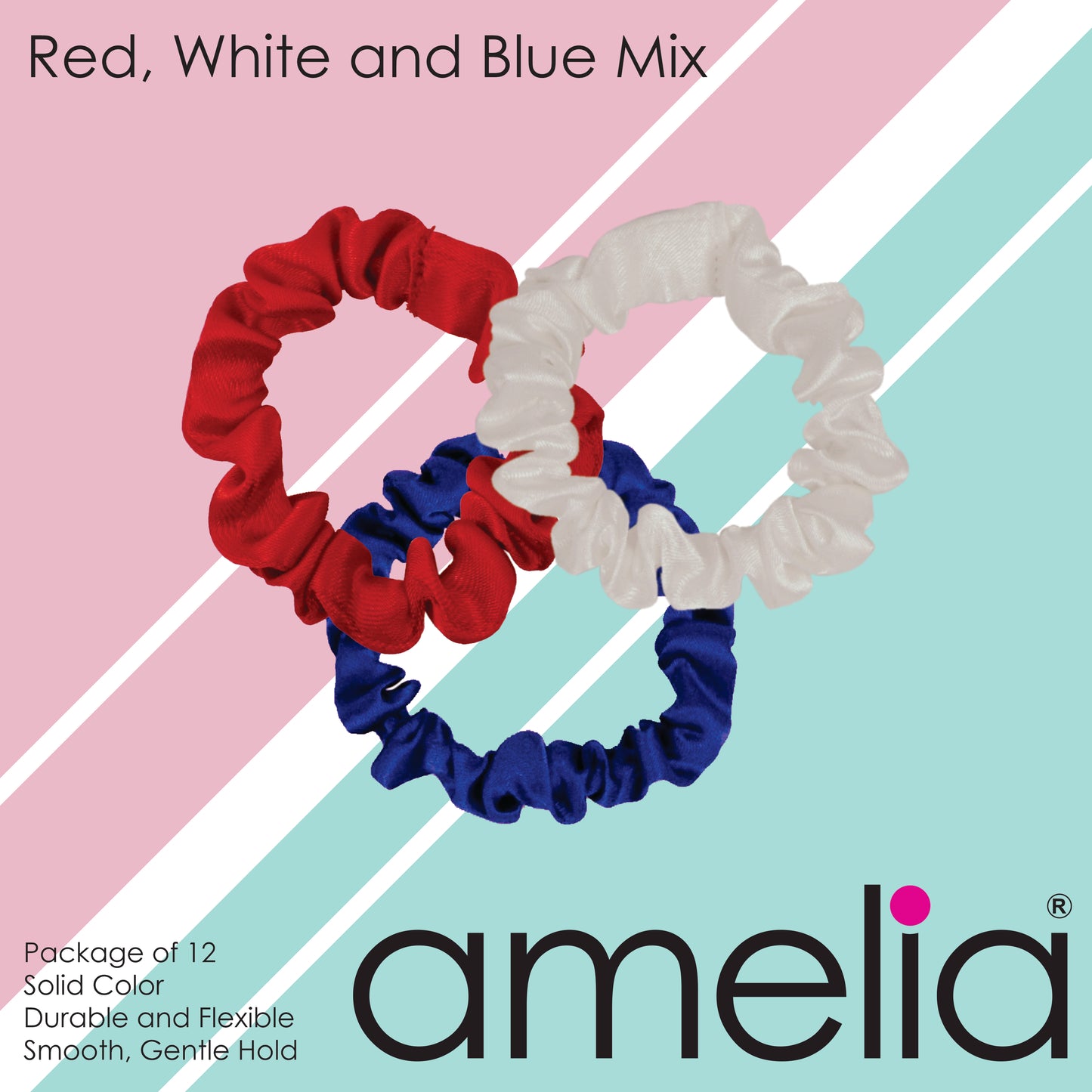 Amelia Beauty, Red, White and Blue Satin Scrunchies, 2.25in Diameter, Gentle on Hair, Strong Hold, No Snag, No Dents or Creases. 12 Pack