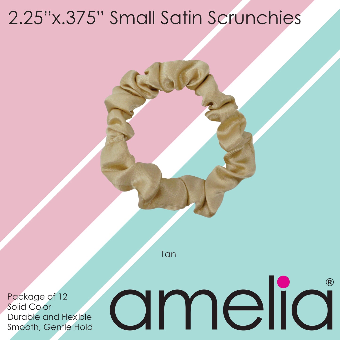 Amelia Beauty, Tan Satin Scrunchies, 2.25in Diameter, Gentle on Hair, Strong Hold, No Snag, No Dents or Creases. 12 Pack