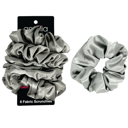 Amelia Beauty Products, Gray Imitation Silk Scrunchies, 4.5in Diameter, Gentle on Hair, Strong Hold, No Snag, No Dents or Creases. 6 Pack