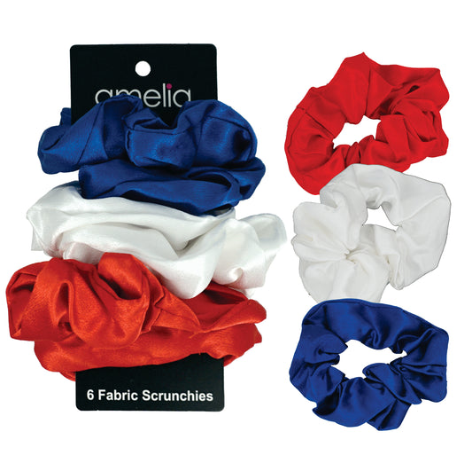 Amelia Beauty, Red, White and Blue Imitation Silk Scrunchies, 4.5in Diameter, Gentle on Hair, Strong Hold, No Snag, No Dents or Creases. 6 Pack