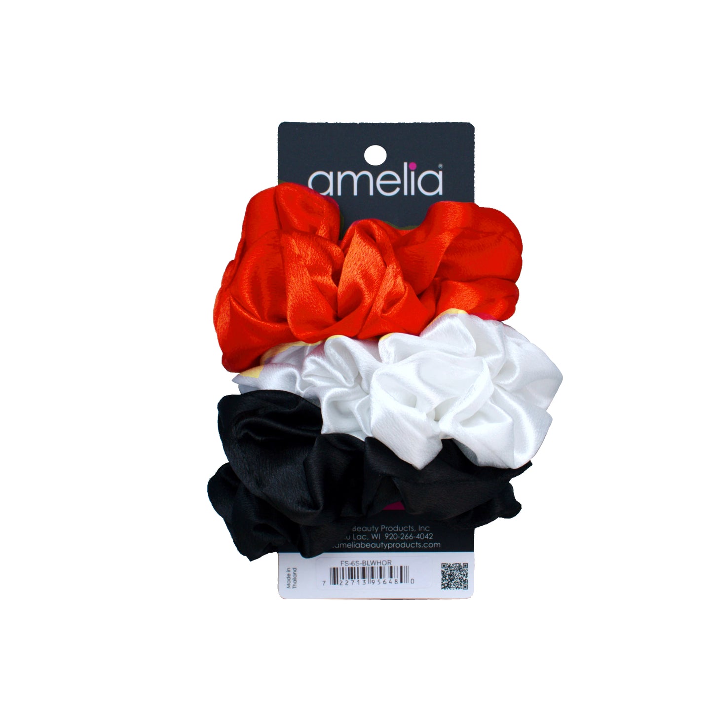 Amelia Beauty Products, Black, White and Orange Mix, Imitation Silk Scrunchies, 4.5in Diameter, Gentle on Hair, Strong Hold, No Snag, No Dents or Creases. 6 Pack