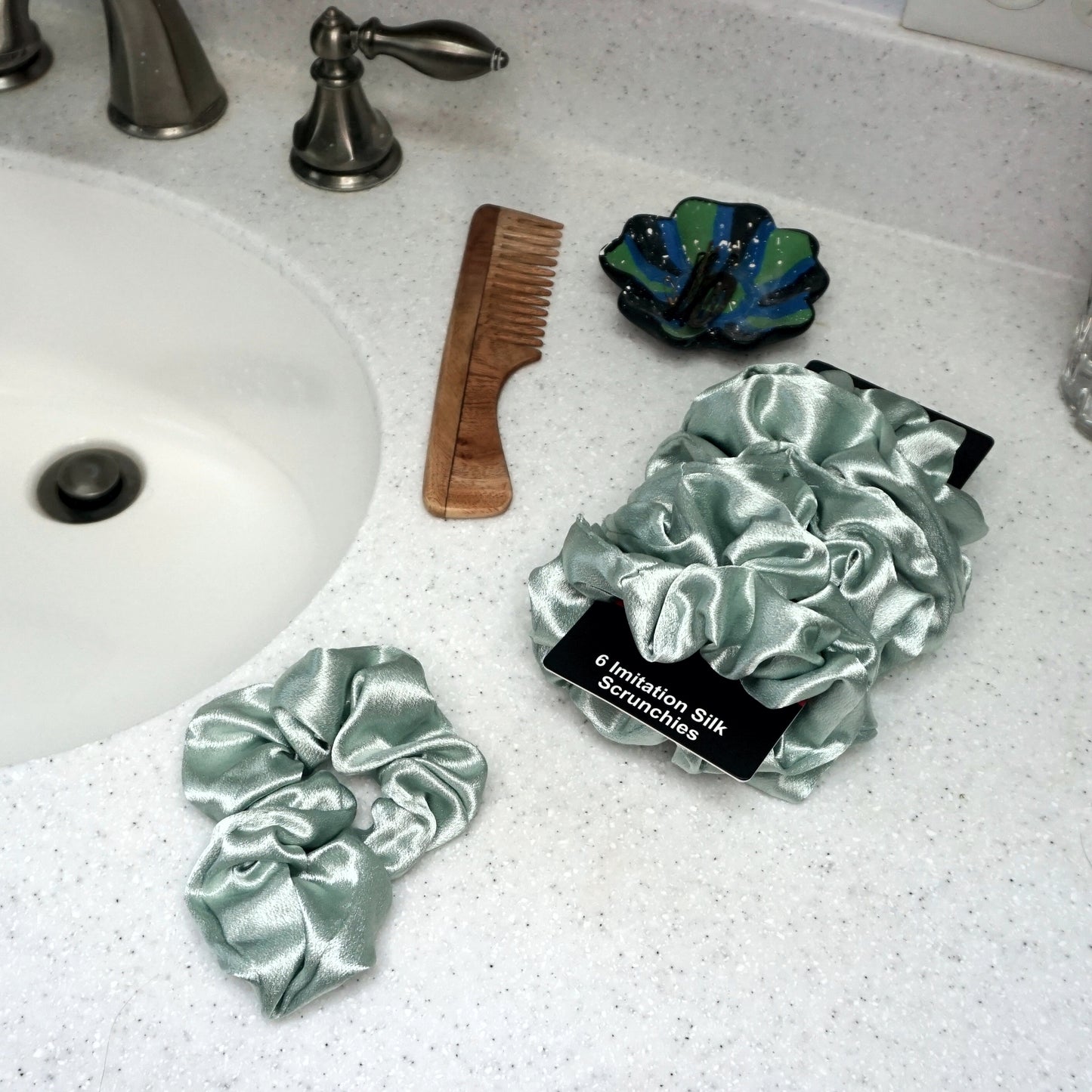 Amelia Beauty, Pastel Green, 4.5in Diameter Imitation Silk Scrunchies, Gentle on Hair, Strong Hold, No Snag, No Dents or Creases. 6 Pack