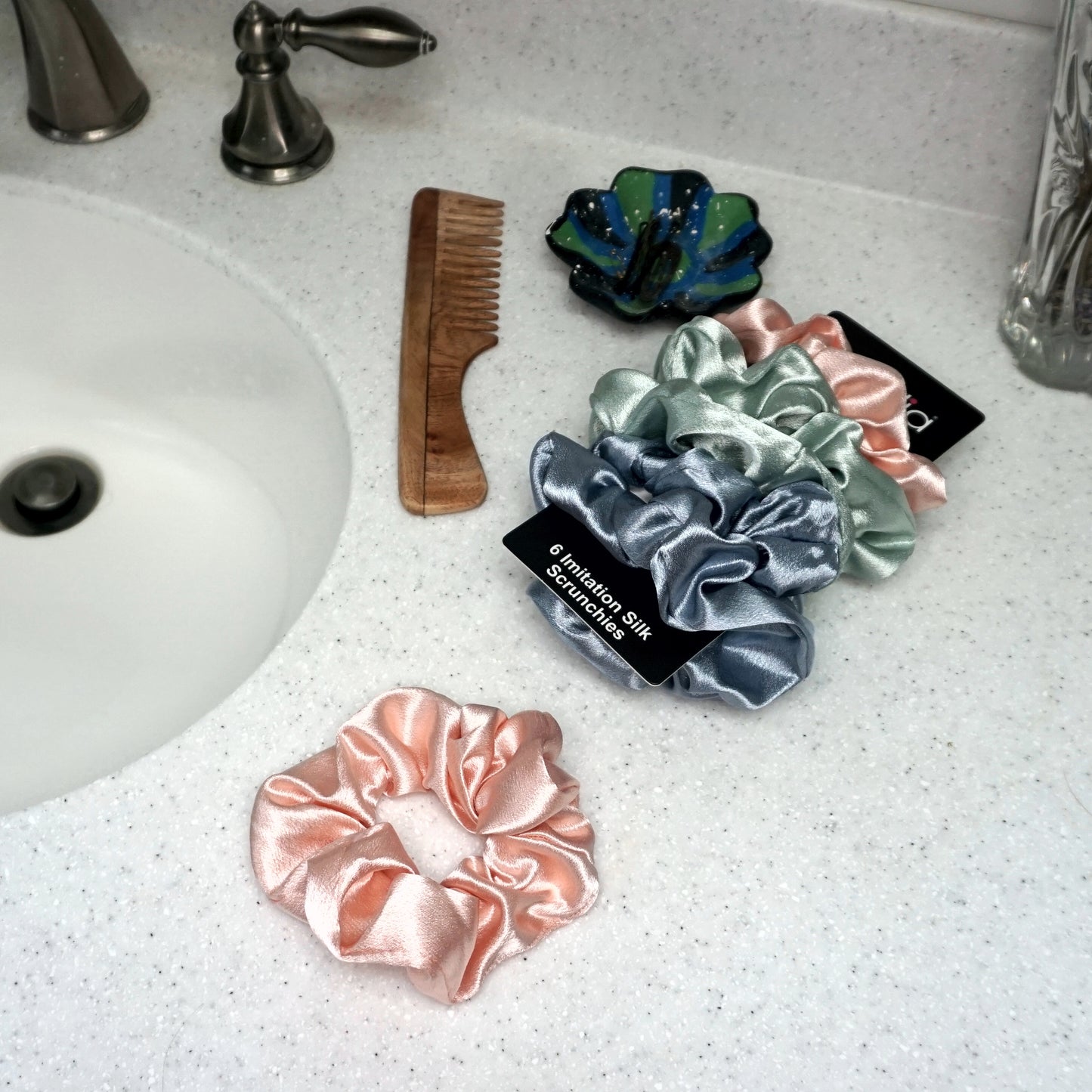 Amelia Beauty, Pastel Mix Imitation Silk Scrunchies, 4.5in Diameter, Gentle on Hair, Strong Hold, No Snag, No Dents or Creases. 6 Pack